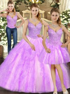 Attractive Three Pieces Sweet 16 Dresses Lilac Straps Organza Sleeveless Floor Length Lace Up