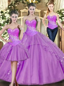 Sophisticated Lilac Sleeveless Tulle Lace Up Quinceanera Gowns for Military Ball and Sweet 16 and Quinceanera