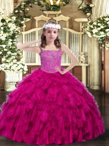 Sleeveless Organza Floor Length Lace Up Pageant Dress for Girls in Fuchsia with Beading and Ruffles