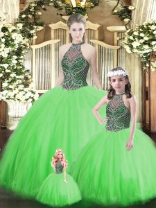 Nice Green Ball Gowns Tulle Halter Top Sleeveless Beading Floor Length Lace Up Quinceanera Dresses