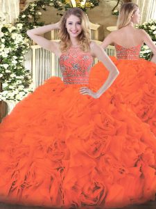 Great Orange Red Ball Gowns Tulle Halter Top Sleeveless Beading and Ruffles Floor Length Zipper Quinceanera Gowns