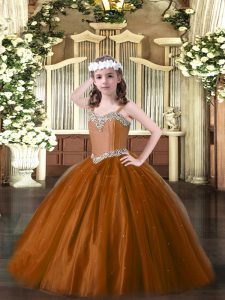 Beautiful Straps Sleeveless High School Pageant Dress Floor Length Beading Brown Tulle