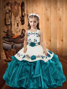 Straps Sleeveless Little Girls Pageant Gowns Floor Length Embroidery and Ruffles Teal Organza