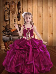 Organza Straps Sleeveless Lace Up Embroidery and Ruffles Kids Formal Wear in Fuchsia