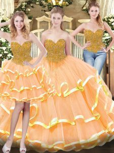 Peach Ball Gowns Sweetheart Sleeveless Tulle Floor Length Lace Up Beading and Ruffled Layers Vestidos de Quinceanera
