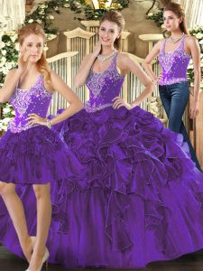 Inexpensive Beading and Ruffles Sweet 16 Dress Purple Lace Up Sleeveless Floor Length