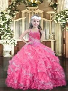 Hot Pink Little Girl Pageant Dress Party and Quinceanera with Beading and Ruffled Layers Straps Sleeveless Lace Up