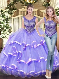 Lavender Tulle Lace Up Scoop Sleeveless Floor Length Quinceanera Gowns Beading and Ruffled Layers