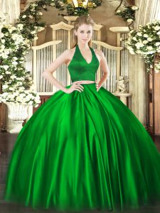 Green Two Pieces Ruching Ball Gown Prom Dress Zipper Satin Sleeveless Floor Length