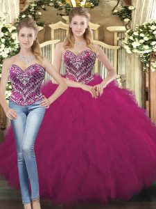 Fuchsia Quinceanera Gown Military Ball and Sweet 16 and Quinceanera with Beading and Ruffles Sweetheart Sleeveless Lace Up