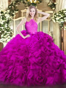 Ball Gowns 15th Birthday Dress Fuchsia Scoop Fabric With Rolling Flowers Sleeveless Floor Length Zipper