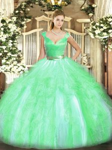Suitable Floor Length Zipper 15th Birthday Dress Apple Green for Military Ball and Sweet 16 and Quinceanera with Beading and Ruffles