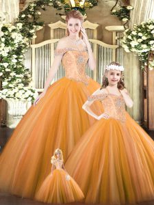 Orange Ball Gowns Tulle Off The Shoulder Sleeveless Beading Floor Length Lace Up Quinceanera Dresses