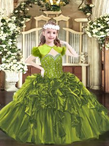 Excellent Olive Green Child Pageant Dress Party and Quinceanera with Beading and Ruffles Straps Sleeveless Lace Up