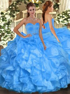 Baby Blue Sweetheart Lace Up Beading and Ruffles Quince Ball Gowns Sleeveless