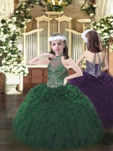 Customized Dark Green Ball Gowns Beading and Ruffles Child Pageant Dress Lace Up Organza Sleeveless Floor Length