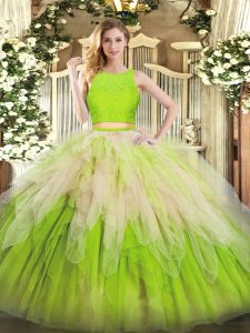 Inexpensive Multi-color Scoop Neckline Lace and Ruffles 15 Quinceanera Dress Sleeveless Zipper