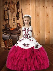 Sweet Sleeveless Organza Floor Length Lace Up Little Girls Pageant Dress in Fuchsia with Embroidery and Ruffles