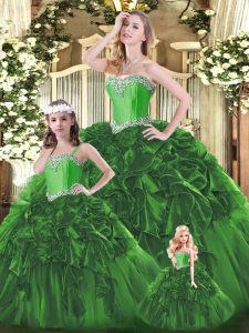 Beauteous Organza Sweetheart Sleeveless Lace Up Beading and Ruffles Quinceanera Dress in Green