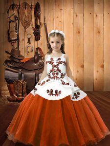 Orange Red Straps Neckline Embroidery Pageant Dress for Teens Sleeveless Lace Up