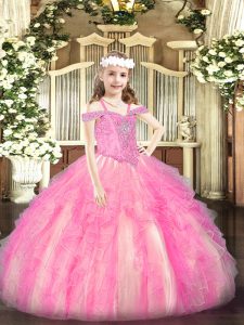 Rose Pink Sleeveless Organza Lace Up Little Girl Pageant Dress for Party and Quinceanera