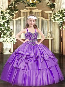Lavender Ball Gowns Beading and Ruffled Layers Kids Pageant Dress Lace Up Organza Sleeveless Floor Length