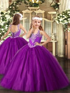 Purple Lace Up V-neck Beading Little Girls Pageant Dress Tulle Sleeveless