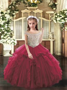 Excellent Ball Gowns Kids Pageant Dress Fuchsia Off The Shoulder Organza Sleeveless Floor Length Lace Up