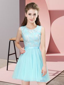 Colorful Aqua Blue A-line Lace Quinceanera Court of Honor Dress Side Zipper Tulle Sleeveless Mini Length