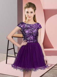 Lovely Dark Purple A-line Tulle Scoop Cap Sleeves Sequins Mini Length Zipper Dama Dress for Quinceanera