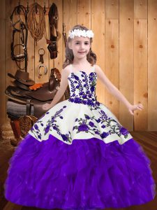 Beautiful Purple Lace Up Little Girls Pageant Gowns Embroidery and Ruffles Sleeveless Floor Length