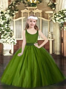 Olive Green Tulle Zipper Scoop Sleeveless Floor Length Pageant Gowns For Girls Beading