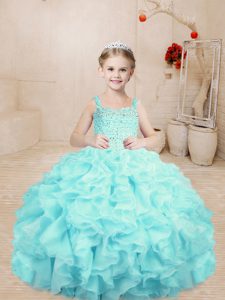 Cute Aqua Blue Organza Lace Up Girls Pageant Dresses Sleeveless Floor Length Beading and Ruffles