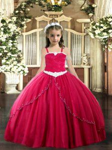 Nice Coral Red Ball Gowns Appliques Kids Pageant Dress Lace Up Tulle Sleeveless