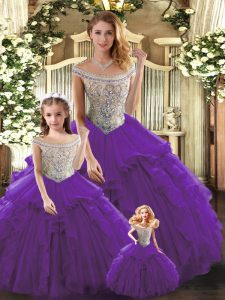 Pretty Purple Tulle Lace Up Bateau Sleeveless Floor Length 15th Birthday Dress Beading and Ruffles