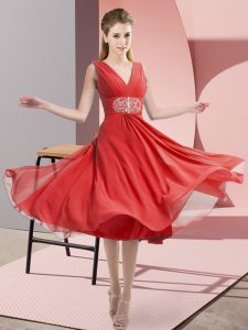 Elegant Beading Vestidos de Damas Coral Red Side Zipper Sleeveless Knee Length