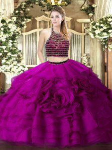 Excellent Fuchsia Two Pieces Halter Top Sleeveless Tulle Floor Length Zipper Beading and Ruffled Layers Quinceanera Gowns