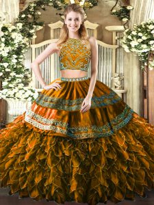 Stunning Floor Length Zipper Sweet 16 Quinceanera Dress Brown for Military Ball and Sweet 16 and Quinceanera with Beading and Ruffles