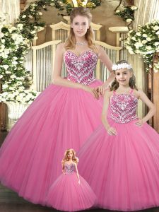 Custom Fit Rose Pink Ball Gowns Beading Quinceanera Dress Lace Up Tulle Sleeveless Floor Length