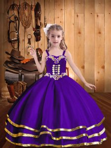 Eggplant Purple Organza Lace Up Little Girl Pageant Gowns Sleeveless Floor Length Beading and Ruffled Layers