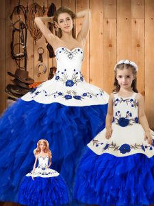 Shining Blue And White Lace Up Sweet 16 Dresses Embroidery and Ruffles Sleeveless Floor Length