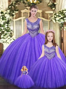 Free and Easy Scoop Sleeveless Ball Gown Prom Dress Floor Length Beading Eggplant Purple Tulle