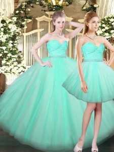 Eye-catching Sleeveless Tulle Floor Length Lace Up Vestidos de Quinceanera in Aqua Blue with Ruching