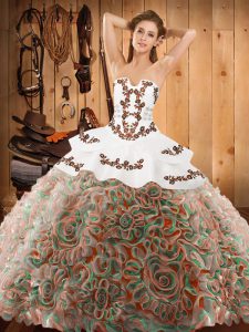 Custom Fit Satin and Fabric With Rolling Flowers Sleeveless With Train Quinceanera Dresses Sweep Train and Embroidery