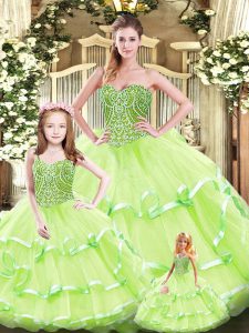 Modern Yellow Green Sweet 16 Quinceanera Dress Military Ball and Sweet 16 and Quinceanera with Beading and Ruffled Layers Sweetheart Sleeveless Lace Up