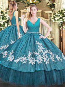 Perfect Teal Sleeveless Tulle Zipper Quinceanera Dress for Military Ball and Sweet 16 and Quinceanera