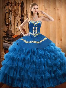 Decent Blue Ball Gowns Satin and Organza Sweetheart Sleeveless Embroidery and Ruffled Layers Floor Length Lace Up 15 Quinceanera Dress