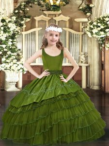 Fashionable Olive Green Scoop Neckline Beading and Embroidery and Ruffled Layers Pageant Dress Womens Sleeveless Zipper