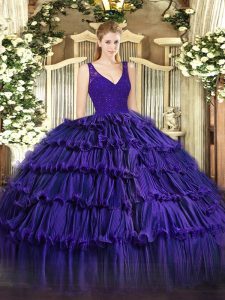 Purple Sleeveless Organza Zipper Quinceanera Dress for Sweet 16 and Quinceanera