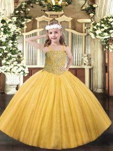 Gold Ball Gowns Straps Sleeveless Tulle Floor Length Lace Up Beading Little Girls Pageant Gowns